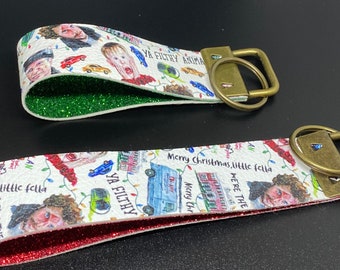 Classic Christmas movie themed key fobs, Faux Leather, Glitter HTV, Regular and mini available