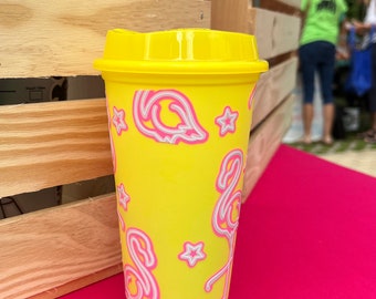 Neon Yellow With Flamingo Starbucks travel mug 16oz.