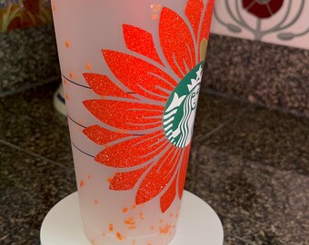 Magical Sunflower Reusable Starbucks tumbler, 24oz, red and gold, black and blue