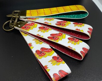 Oz Movie Themed Key Fob, 10 inch length, Ruby Slippers and Yellow Brick Road, Red Glitter HTV and Green Glitter HTV