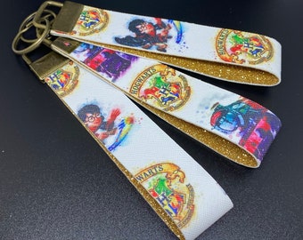 Wizard School themed Key Fob, Gold Glitter HTV, 10inch, School crest, train