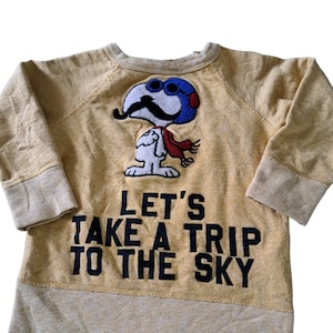 May include: A tan sweatshirt with a cartoon Snoopy character wearing a pilot helmet and scarf. The text "LET'S TAKE A TRIP TO THE SKY" is printed in black. The long-sleeved top has a ribbed hem and cuffs. The design is for children.