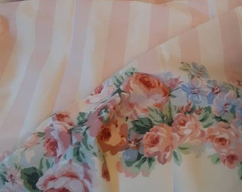Vintage new old stock J.P. STEVENS & CO crisp twin flat sheet wide pink stripe Floral No Iron