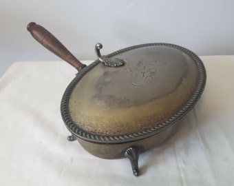 ANTIQUE Silver Silverplated?? footed silent buter pan wood handle LION WINGS Lid