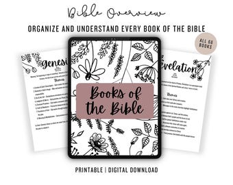May include: Digital Bible study guide with the text "Bible Overview" and "Organize and Understand Every Book of the Bible." The image features a tablet with floral illustrations and the text "Books of the Bible." Two pages with text are on either side.