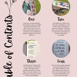May include: A light pink graphic with the words "Table of Contents" and four circular images. The images show Bible tabs, dividers, and printables. Text describes how to organize a Bible with dividers, tabs, and scripture lists.