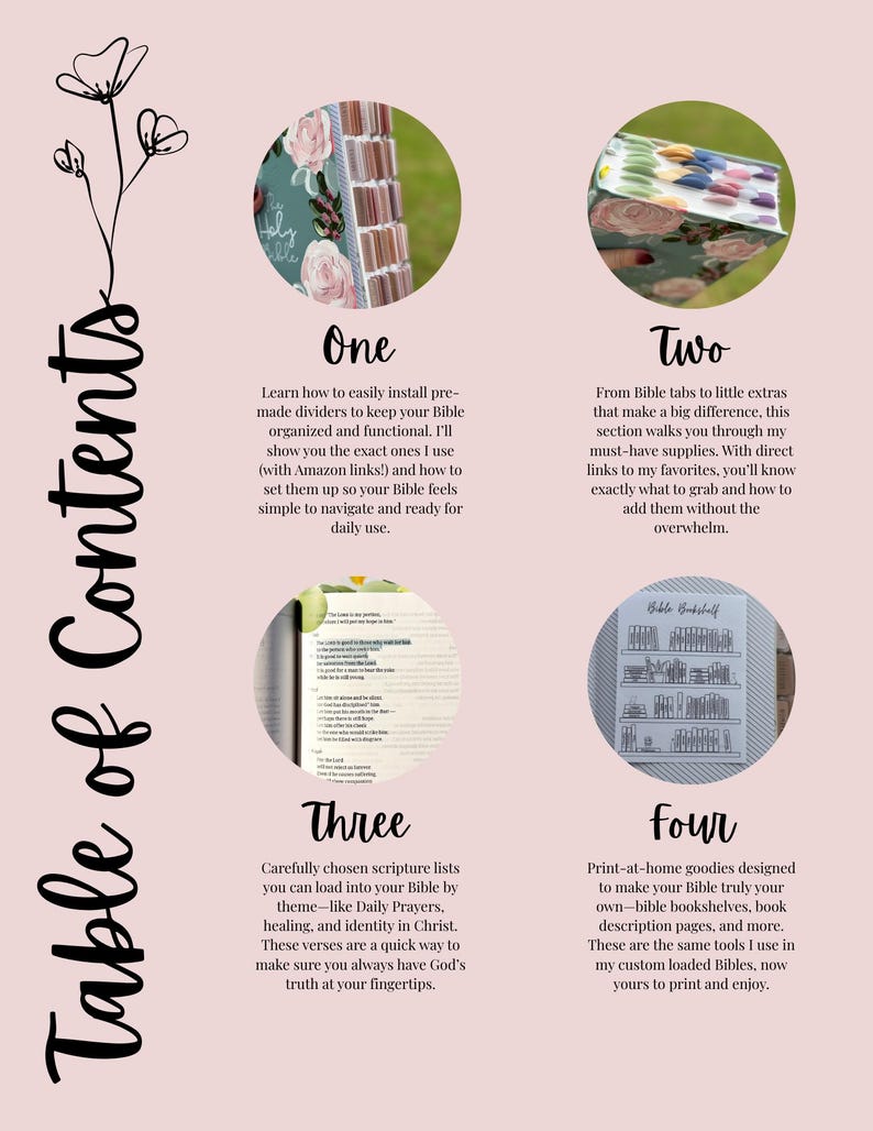 May include: A light pink graphic with the words "Table of Contents" and four circular images. The images show Bible tabs, dividers, and printables. Text describes how to organize a Bible with dividers, tabs, and scripture lists.