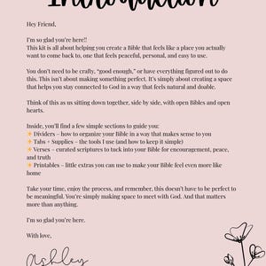May include: A light pink page with the word "Introduction" in large, black, cursive font. The text describes a kit to help create a Bible that feels peaceful and personal. Includes sections on dividers, tabs, verses, and printables.