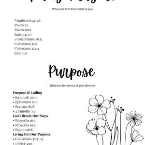 May include: A white page with the words "Daily Prayers" and "Purpose" in elegant script. The text includes Bible verses and the phrases "When you don't know what to pray" and "When you feel unsure of your direction". Floral line art decorates the page.