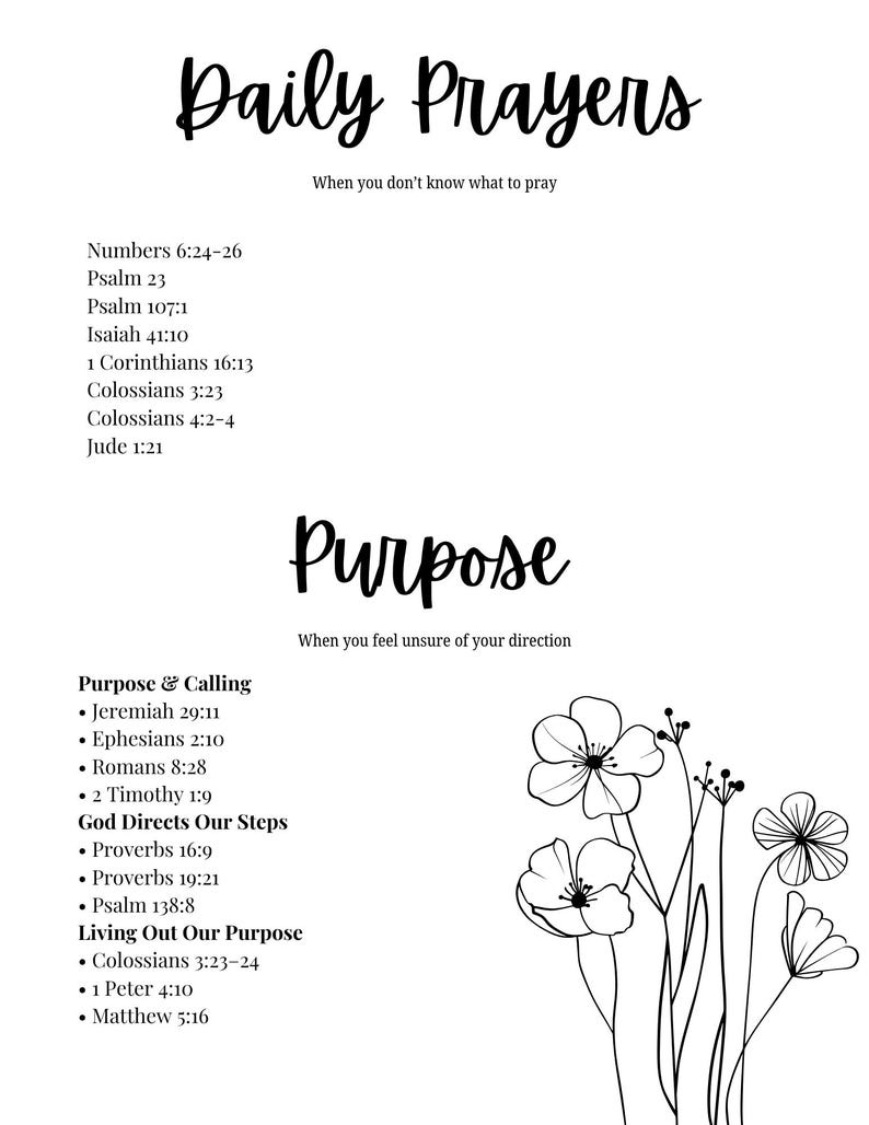 May include: A white page with the words "Daily Prayers" and "Purpose" in elegant script. The text includes Bible verses and the phrases "When you don't know what to pray" and "When you feel unsure of your direction". Floral line art decorates the page.
