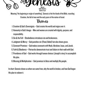 May include: A black and white graphic with the title "Genesis" in cursive script. The text describes the book's meaning, themes including creation, sin, and God's promises, and its role in the Bible. Decorative floral elements frame the text.