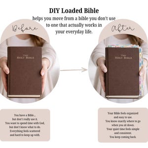 May include: A brown Bible with the text "THE HOLY BIBLE" is held in front of a person. The image shows a before and after comparison, with the "after" Bible having colorful tabs. Text reads "DIY Loaded Bible".