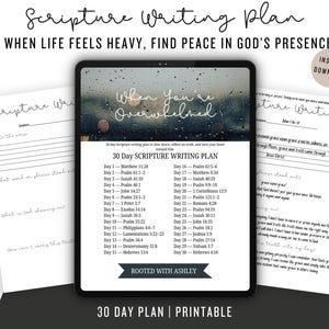 May include: A digital download with a 30-day scripture writing plan. The plan includes daily scripture references and prompts for reflection. The image includes the text "When Life Feels Heavy, Find Peace in God's Presence."