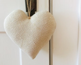 Neutral Linen blend farmhouse heart with jute hanger