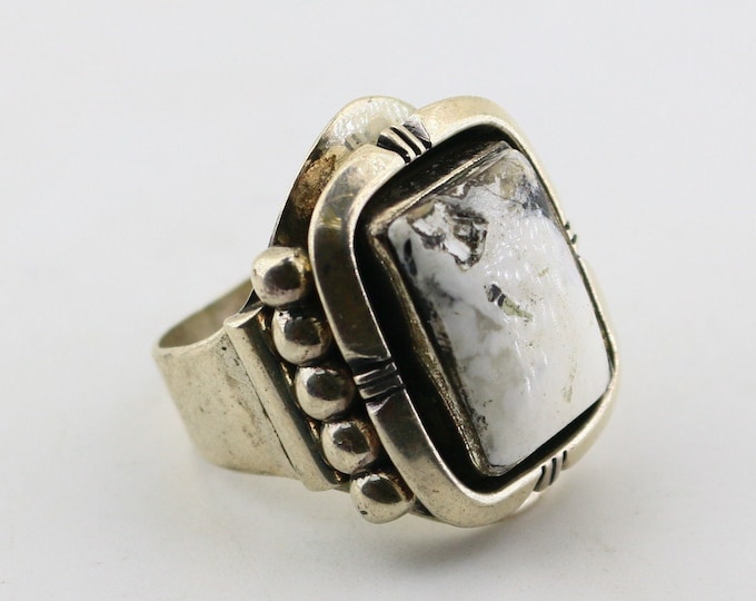 Vintage Size 12 Irv Monte Navajo White Buffalo Turquoise Beaded Native American Design Ring 925 Sterling Silver RG 3918J