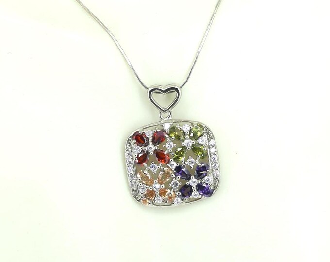 Vintage Multicolored CZ Crystals Inlay Flowers Pendant Necklace  Sterling Silver (925) NC 2112