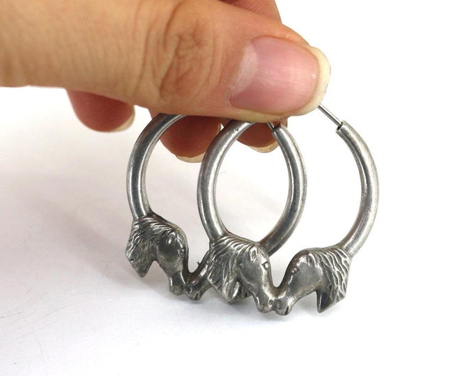 Vintage Horse Heads Hoop Earrings | Sterling 925 Silver Earrings | ER 1069