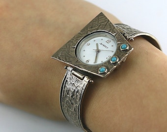 Vintage Artiny Japan Movement Water Resistant Israel Style Hammered Watch 925 Sterling Silver OT 303