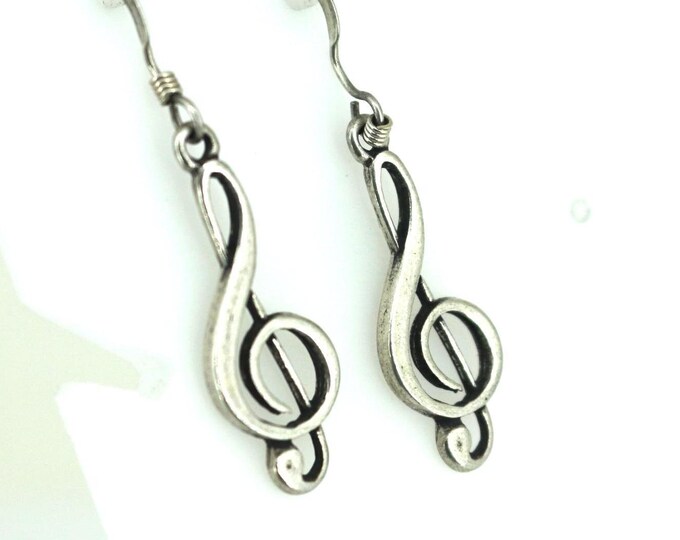 Vintage Treble Clef Music Note Drop Dangle Earrings 925 Sterling Silver ER 1374
