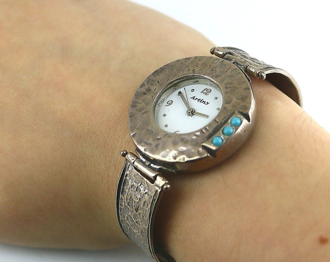 Vintage Artiny Japan Movement Water Resistant Israel Style Hammered Watch 925 Sterling Silver OT 299