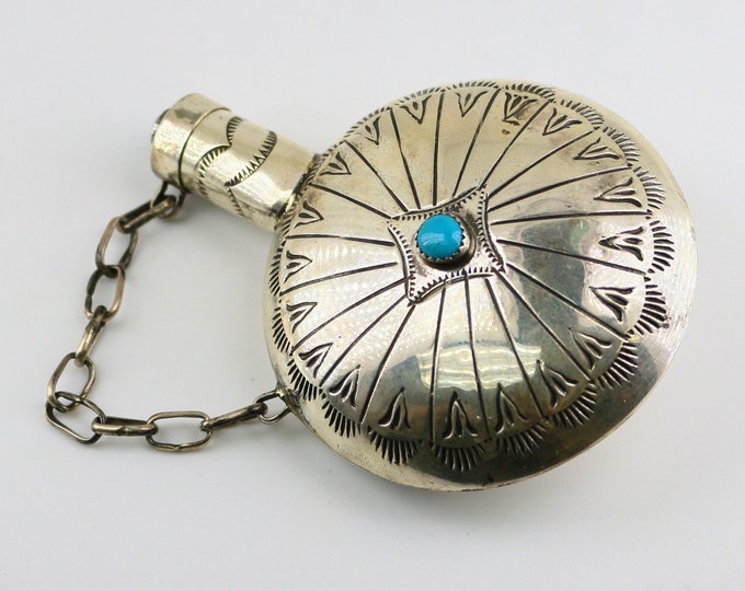 Vintage Authentic Navajo Large Round Bubble Flask Shape Blue Turquoise Bead Perfume Bottle 925 Sterling OT 2000