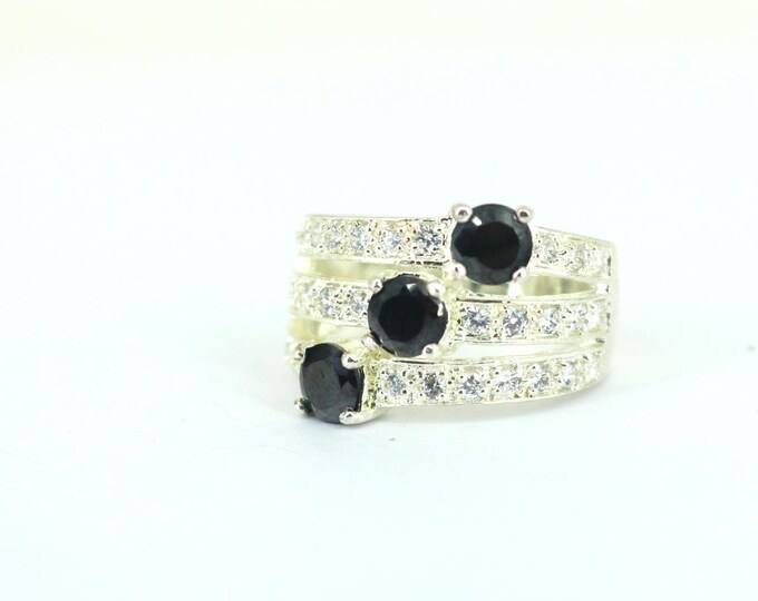 Vintage Size 7 Elegant Multi-Layer Black & White CZ Ring 925 Sterling Silver RG 1314
