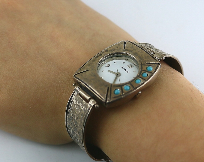 Vintage Artiny Japan Movement Water Resistant Israel Style Hammered Watch 925 Sterling Silver OT 287