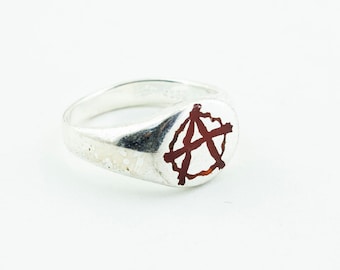 Size 5.5-12 Anarchy Red Symbol Design Shiny Signet Ring 925 Sterling Silver RG 2399Q
