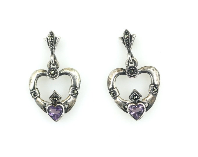 Vintage Lower Art Deco Purple Amethyst Crystal Heart Marcasite Stones Stud Back Earrings Sterling Silver 925 ER 1012