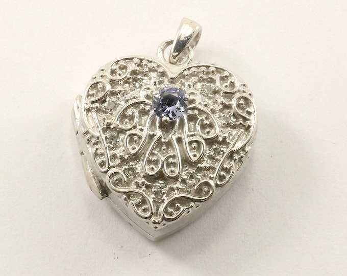 Vintage Locket Heart Marcasite & Light Blue Crystal Pendant 925 Sterling Silver PD 1422