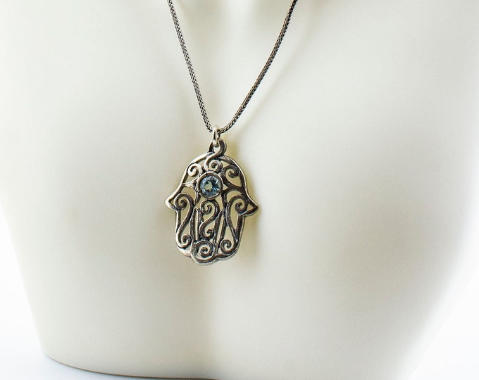 Vintage 18 Inch Hamsa Hand with Blue Cat's Eye Crystal Design Byzantine Chain Necklace 925 Sterling Silver NC 1224Q