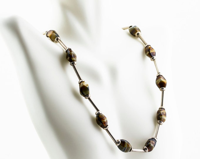Vintage 17 Inch Polyhedral Tiger's Eye Healing Stone & Tiny Tube Spacers Design Elegant Necklace 925 Sterling Silver NC 769Q