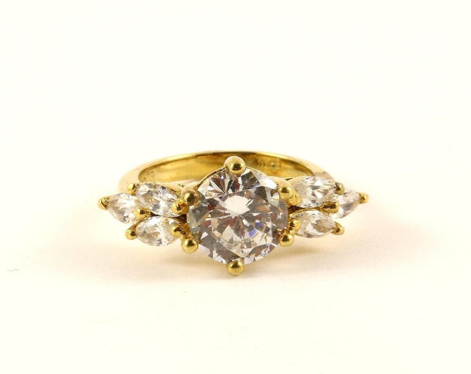 Vintage Size 4.75  Engagement Ring Floral Sparkling Crystals Cz 14 K Gold Tone Design Ring Sterling 925 Silver Ring Rg 295