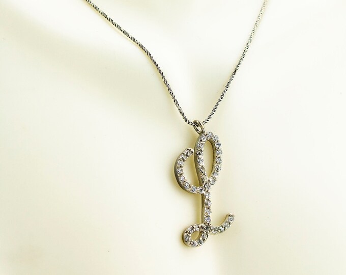 L Letter Shaped Shiny CZ Crystals & Thin Wheat Chain Design  Vintage Elegant Pendant Necklace for Women 925 Sterling Silver NC 1720Q