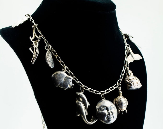 Vintage Beautiful Animals & Faces 13 Pendants Set Design Large 925 Sterling Silver Necklace NC 804QT