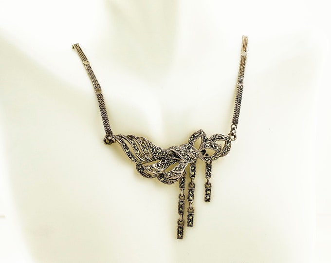 Tiny Marcasite Stones Bow Shape Pendant & Thin Double Cuban Chain Design Vintage Elegant Necklace for Women 925 Sterling Silver NC 2093Q