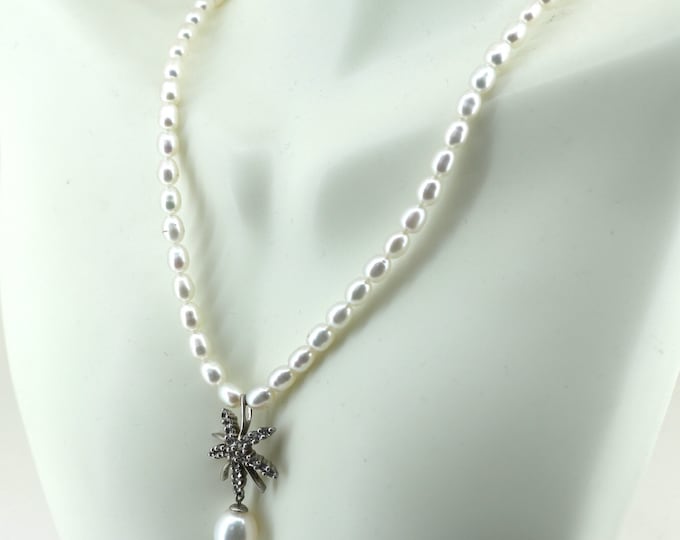 Vintage Pearl Tropical Palm Design Necklace 925 Sterling NC 1814