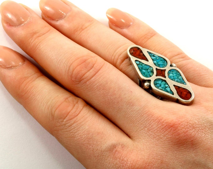 Vintage Size 6.75 Navajo Rhombus Shape Spider Web Turquoise Coral Heavy Design Ring 925 Sterling Silver RG 2061