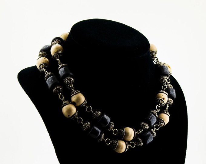 Vintage 37 Inch Southwestern Style Scroll Design Black & Beige Bone Beads Beaded Large Necklace 925 Sterling Silver NC 544Q