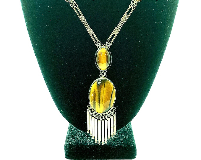 Vintage Necklace  | Oval Tiger’s Eye  Pendant | Israel Design Necklace | Silver 925 Sterling Necklace | NC 117A