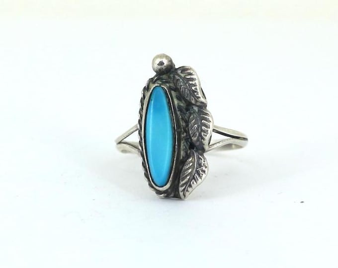 Vintage Navajo Marquise Turquoise Floral Design Statement Ring 925 Sterling RG 1371