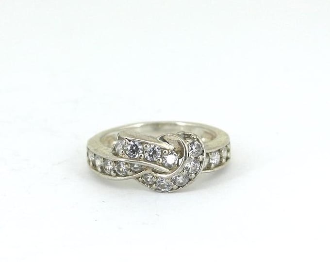 Vintage Size 7 1/2 Shiny Pretzel Knot CZ Crystals Twisted Statement Ring 925 Sterling Silver RG 2974