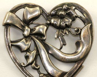 Épingle/broche vintage en forme de coeur et design floral pour femmes en argent sterling 925 BB 731-E