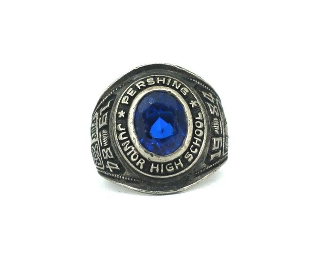 Vintage Pershing Junior High School 1984 Blue Crystal School Ring 925 Sterling RG 4754