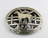 Vintage Beautiful Large Jean Dixon Navajo Horse Ethnic Tribal Design Belt Buckle 925 Sterling OT 363
