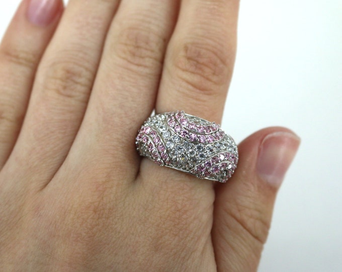 Vintage Size 9 White & Pink CZ Band Design Ring 925 Sterling Silver RG 474