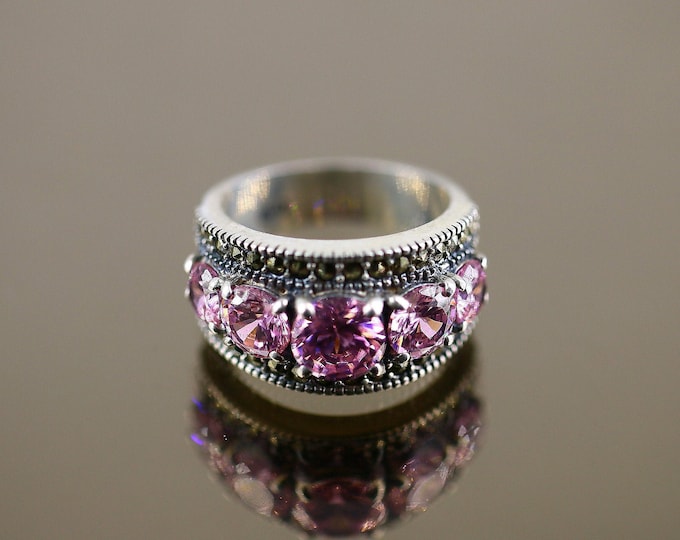 Vintage Size 7,8  Five Round Pink Crystals CZ Marcasite Stones Statement Design Ring 925 Sterling Silver  RG 4381