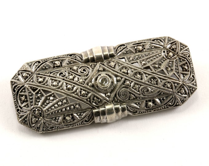 Vintage Scroll Design Diamond Inlay Pin/Brooch 925 Sterling Silver BB 95-E