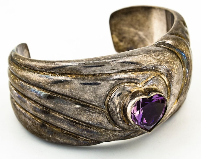 Massive Purple Amethyst Heart Design Wide & Elegant Hallow Vintage Cuff Bracelet for Women 925 Sterling Silver Br 2713Q