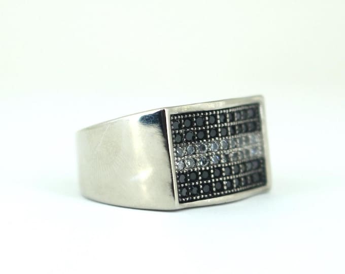 Vintage Size 9.50 Wide Black & White CZ Crystals Inlay Cocktail Ring 925 Sterling RG 4185